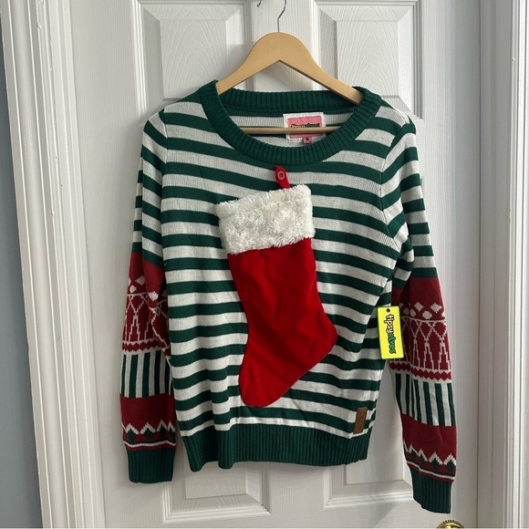 Tipsy Elves Christmas Sweater Ugly Party Striped Stocking 3D Side Medium New - Picture 3 of 8